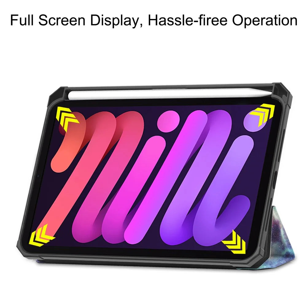 For iPad mini (2024) / mini (2021) Protective Case with Pencil Holder Pattern Printed Tri-Fold Stand Leather Tablet Cover - Starry Sky - 6