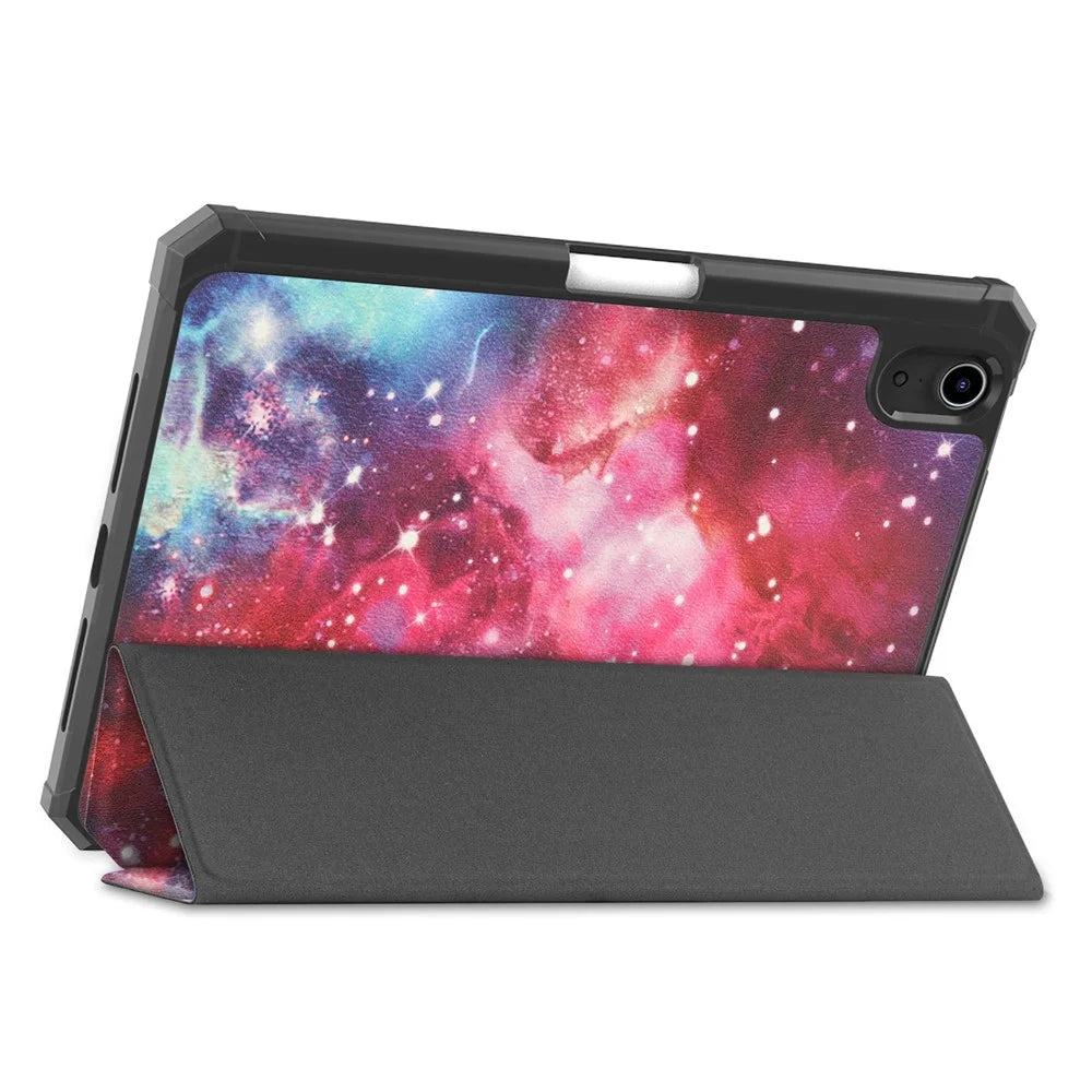 For iPad mini (2024) / mini (2021) Protective Case with Pencil Holder Pattern Printed Tri-Fold Stand Leather Tablet Cover - Starry Sky - 7