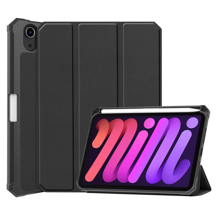 Anti-Scratch Tri-Fold Stand Shockproof PU Leather Smart Tablet Cover Protector with Pen Slot for iPad mini (2024) / mini (2021) - Black - 1