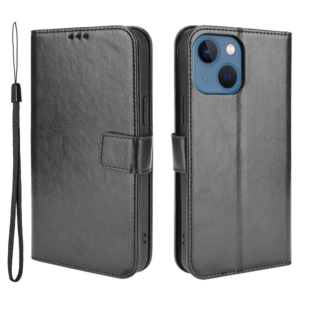 Anti-Fall Shockproof Wrist Strap Crazy Horse Texture Wallet Design Leather Phone Cover with Stand for iPhone 13 6.1 inch - Black - 1