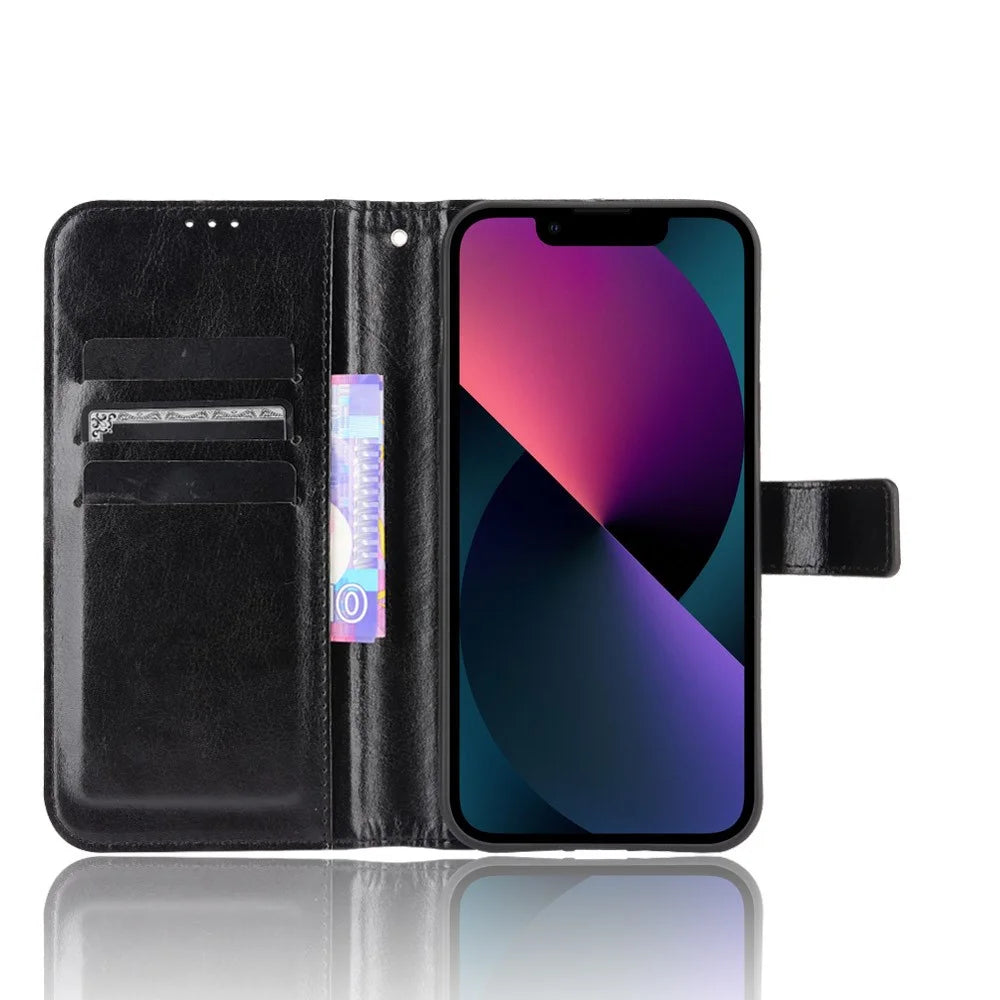 Anti-Fall Shockproof Wrist Strap Crazy Horse Texture Wallet Design Leather Phone Cover with Stand for iPhone 13 6.1 inch - Black - 3