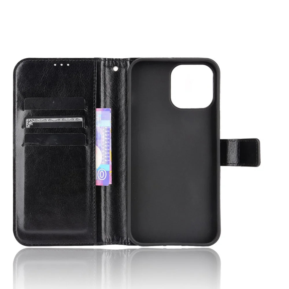 Anti-Fall Shockproof Wrist Strap Crazy Horse Texture Wallet Design Leather Phone Cover with Stand for iPhone 13 6.1 inch - Black - 5