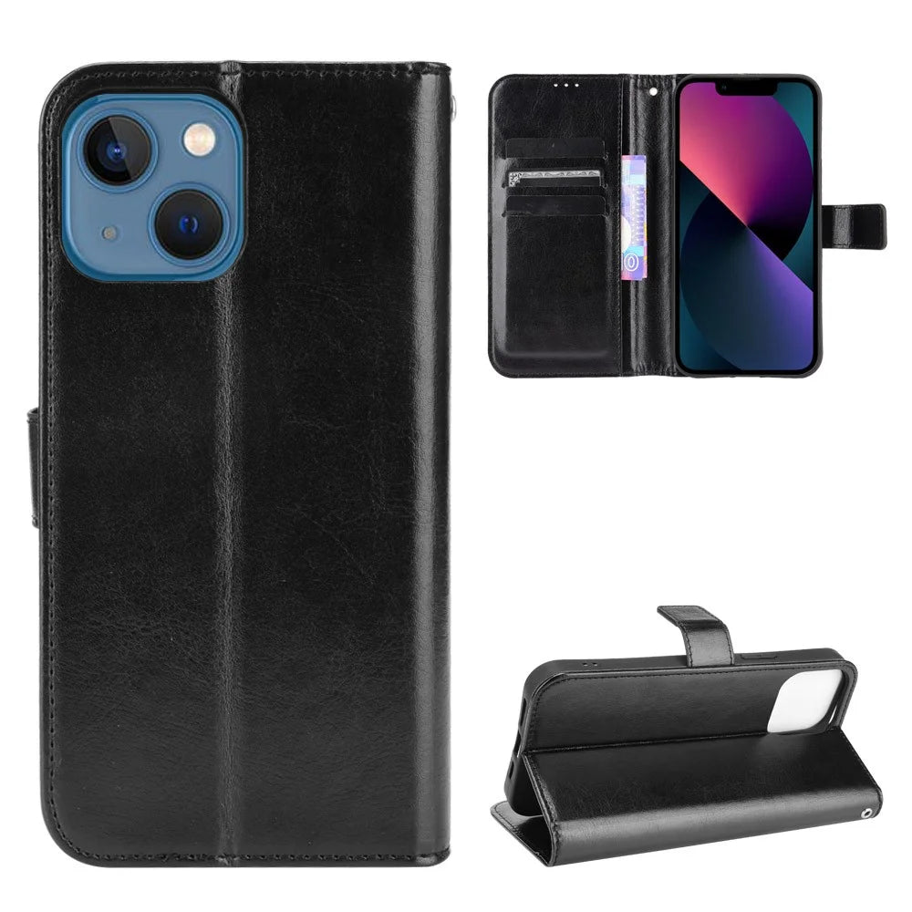 Anti-Fall Shockproof Wrist Strap Crazy Horse Texture Wallet Design Leather Phone Cover with Stand for iPhone 13 6.1 inch - Black - 7