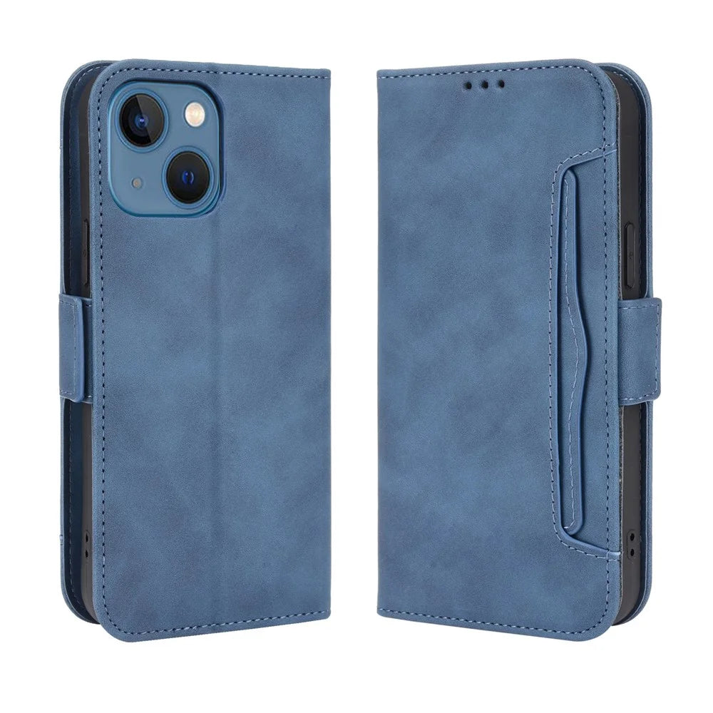 Multiple Card Slot Design Magnetic Closure Leather Cell Phone Cover with Stand for iPhone 13 mini 5.4 inch - Blue - 1