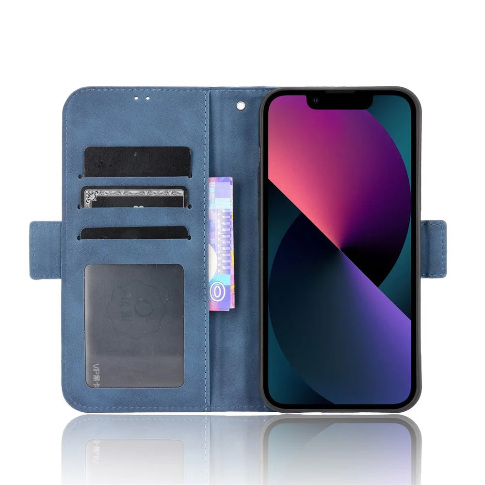 Multiple Card Slot Design Magnetic Closure Leather Cell Phone Cover with Stand for iPhone 13 mini 5.4 inch - Blue - 4