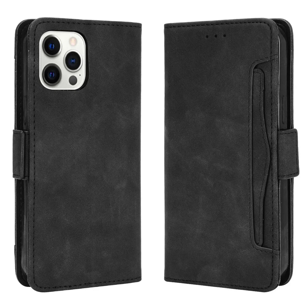 Magnetic Clasp Multiple Card Slot Leather Phone Cover with Stand for iPhone 13 Pro 6.1 inch - Black - 1