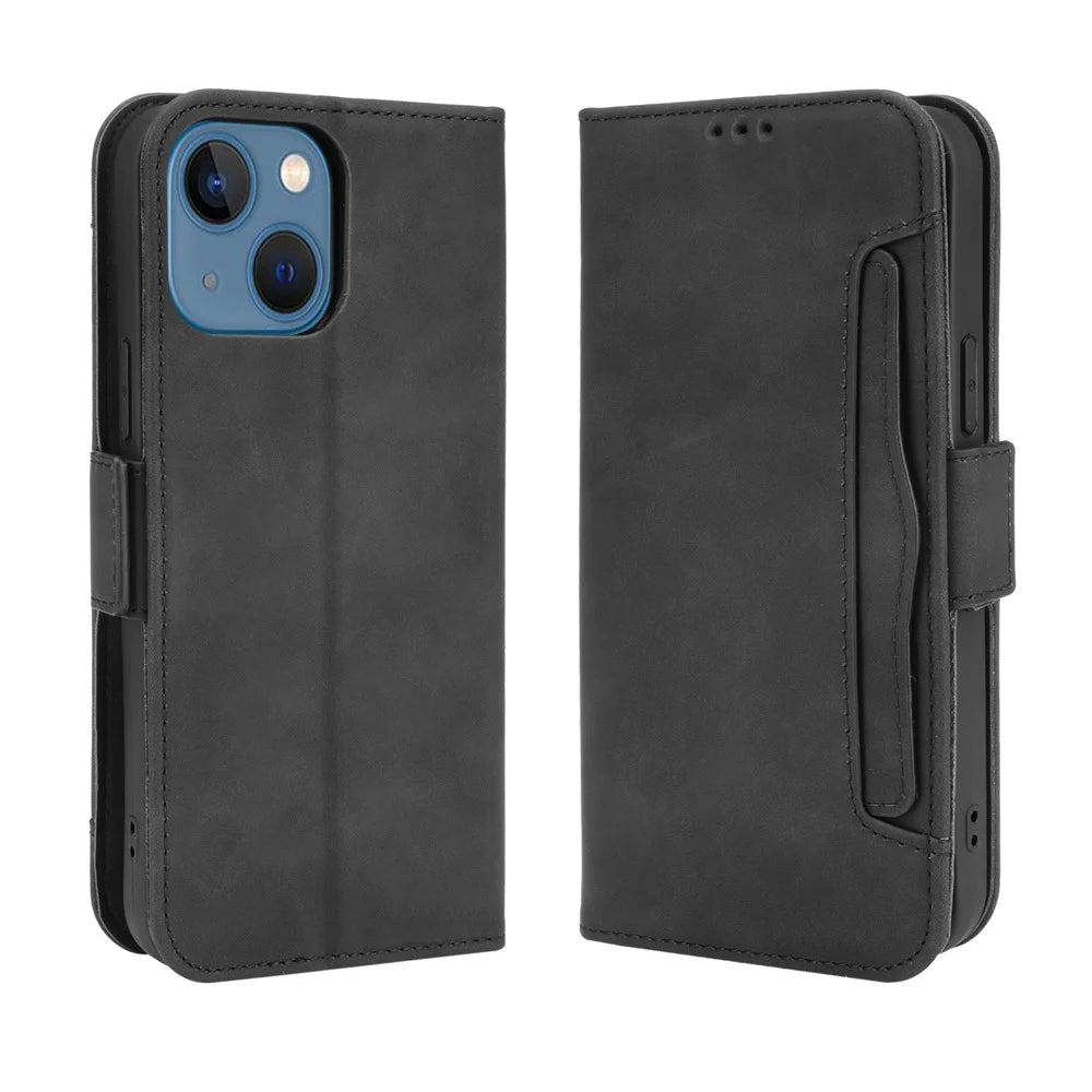 Multiple Card Slot Wallet Design Full Protection Leather Phone Cover with Stand for iPhone 13 6.1 inch - Black - 1