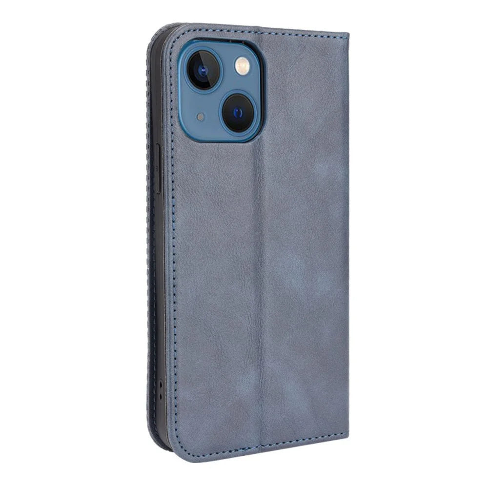 Auto-absorbed Vintage Style Full Protection Wallet Design PU Leather Phone Case with Stand for iPhone 13 mini 5.4 inch - Blue - 3