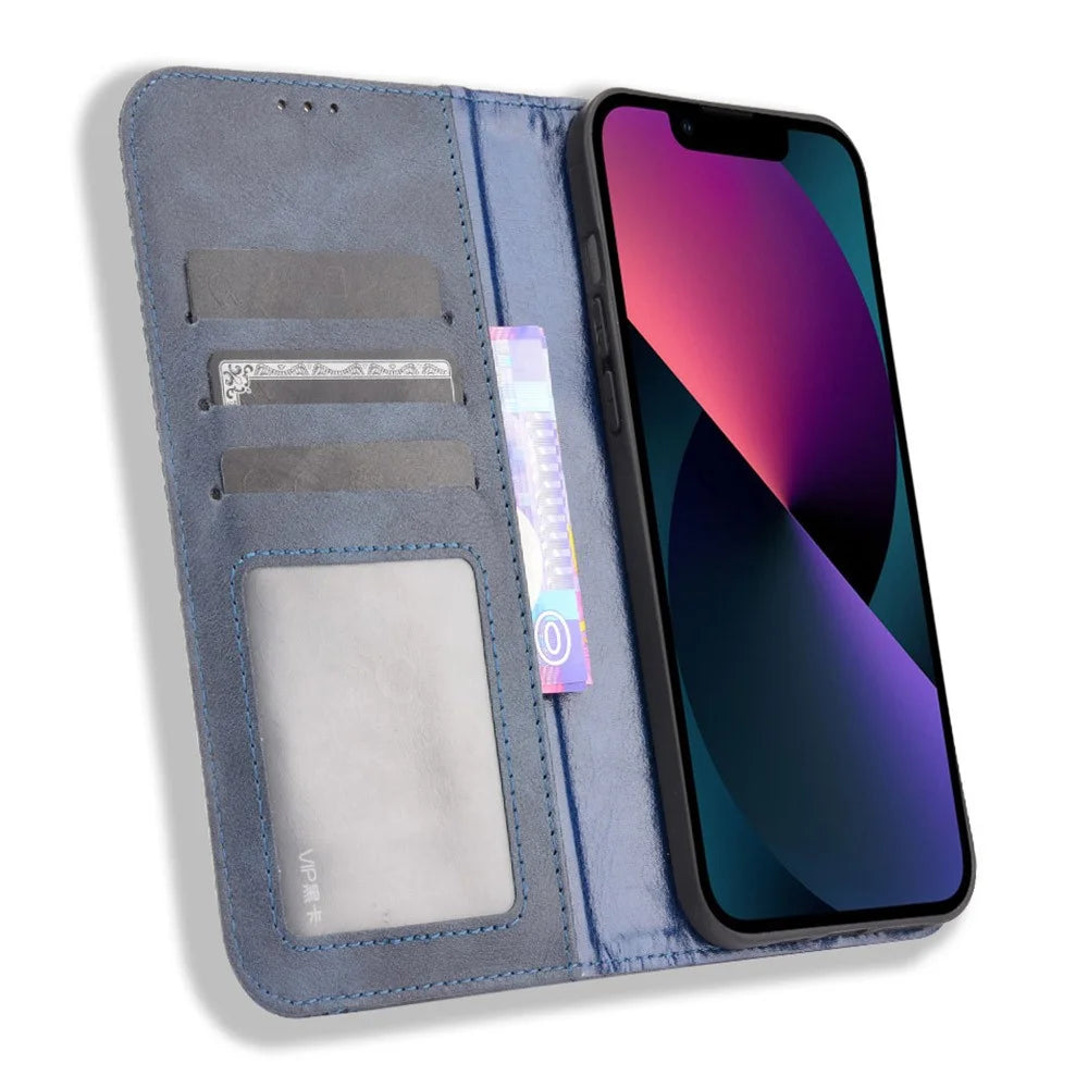 Auto-absorbed Vintage Style Full Protection Wallet Design PU Leather Phone Case with Stand for iPhone 13 mini 5.4 inch - Blue - 4