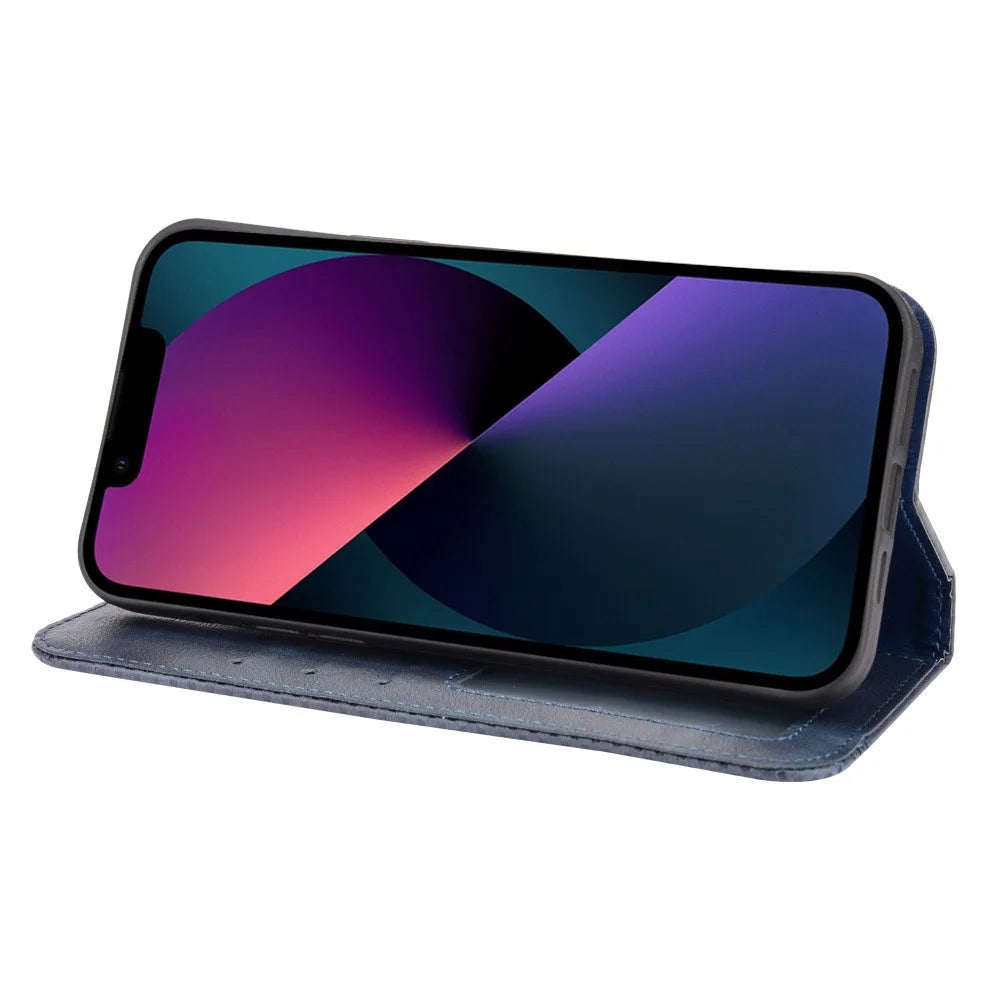 Auto-absorbed Vintage Style Full Protection Wallet Design PU Leather Phone Case with Stand for iPhone 13 mini 5.4 inch - Blue - 5
