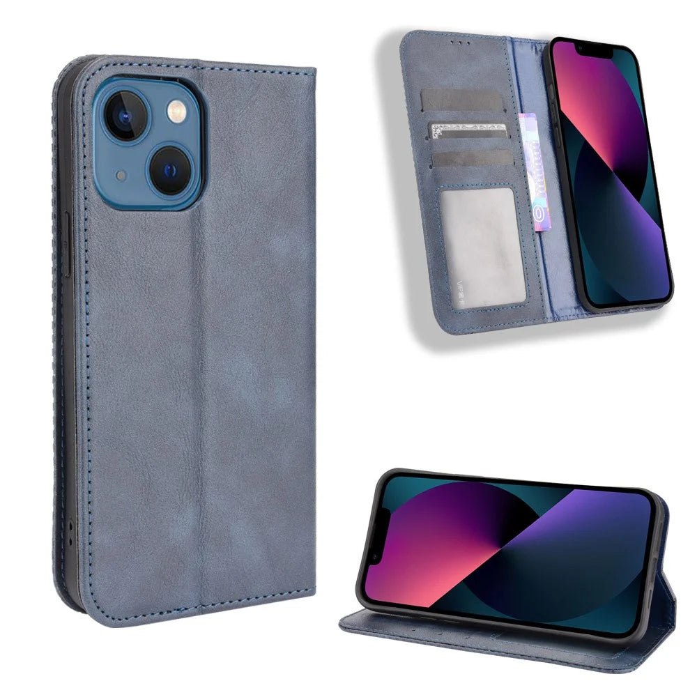 Auto-absorbed Vintage Style Full Protection Wallet Design PU Leather Phone Case with Stand for iPhone 13 mini 5.4 inch - Blue - 7