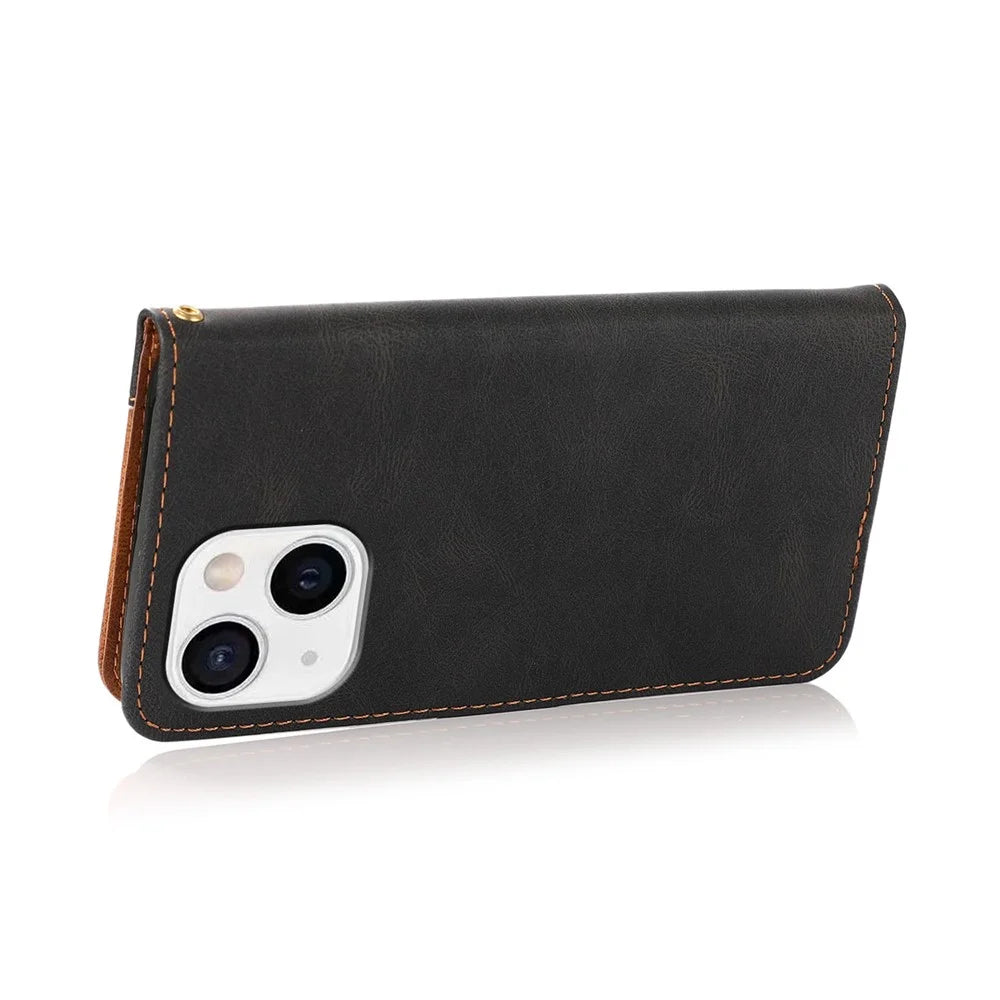 Dual Color Wallet Stand Flip Leather Phone Cover with Magnetic Closure for iPhone 13 mini 5.4 inch - Black/Brown - 6