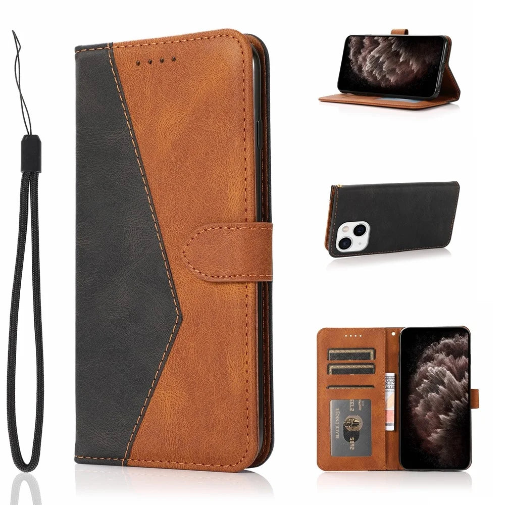 Dual Color Wallet Stand Flip Leather Phone Cover with Magnetic Closure for iPhone 13 mini 5.4 inch - Black/Brown - 7