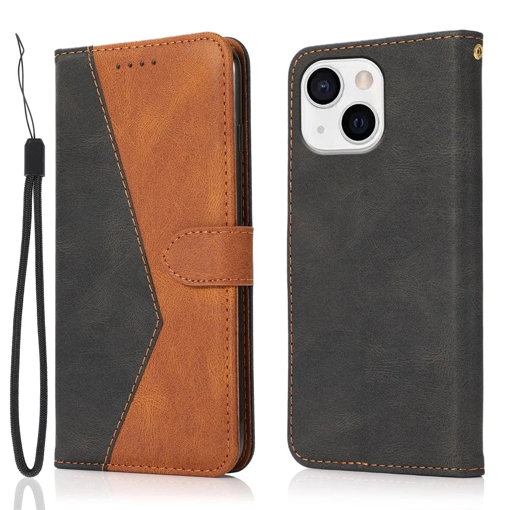 Dual Color Wrist Strap Wallet Stand Design Leather Phone Cover with Magnetic Closure for iPhone 13 6.1 inch - Black/Brown - 1