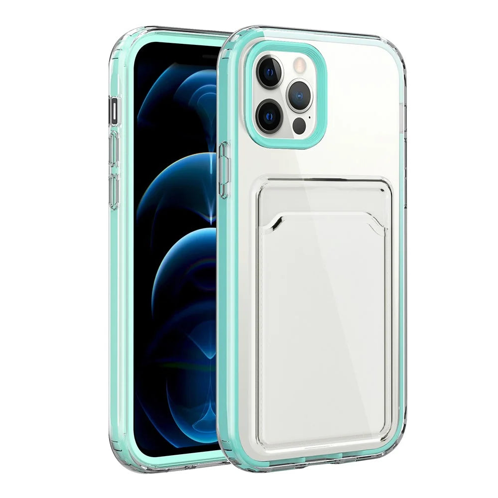 Anti-Fall TPU + PC Double Layers Shockproof Clear Phone Case with Card Holder for iPhone 13 6.1 inch - Mint Green - 1