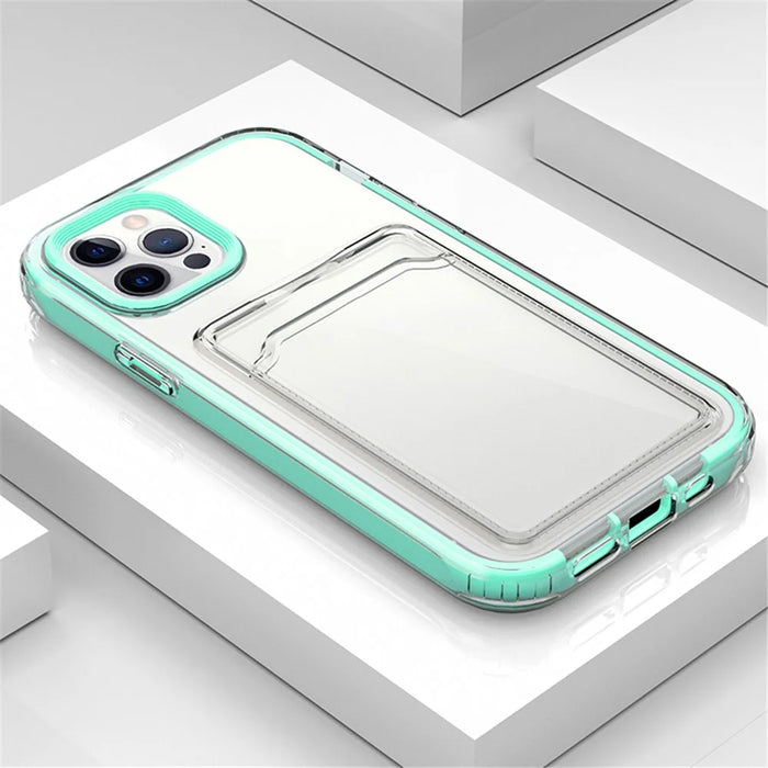Anti-Fall TPU + PC Double Layers Shockproof Clear Phone Case with Card Holder for iPhone 13 6.1 inch - Mint Green - 2