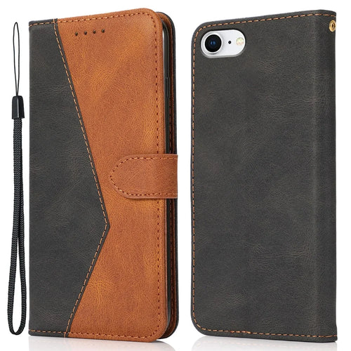 Anti-Drop Anti-Scratch Dual Color Wallet Stand Design Leather Phone Case with Handy Strap for iPhone SE (2022)/SE (2020)/8/7/6 - Black/Brown - 1