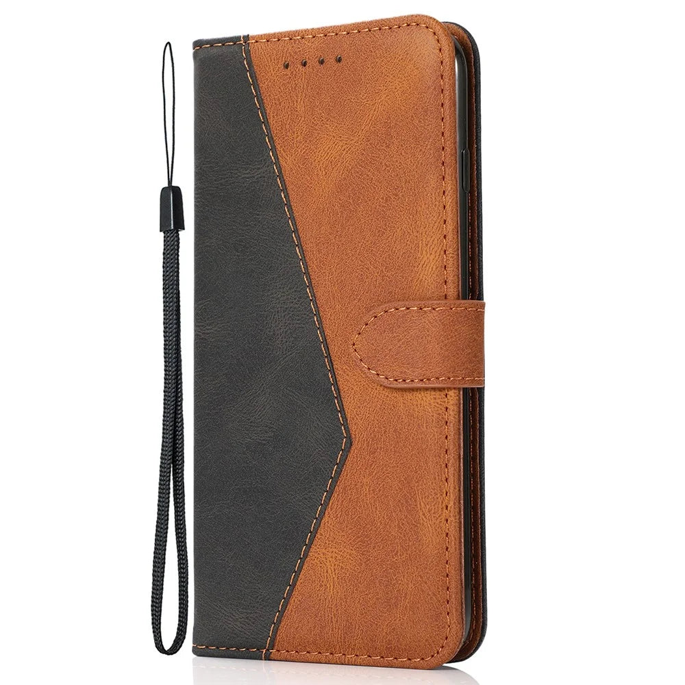 Anti-Drop Anti-Scratch Dual Color Wallet Stand Design Leather Phone Case with Handy Strap for iPhone SE (2022)/SE (2020)/8/7/6 - Black/Brown - 2