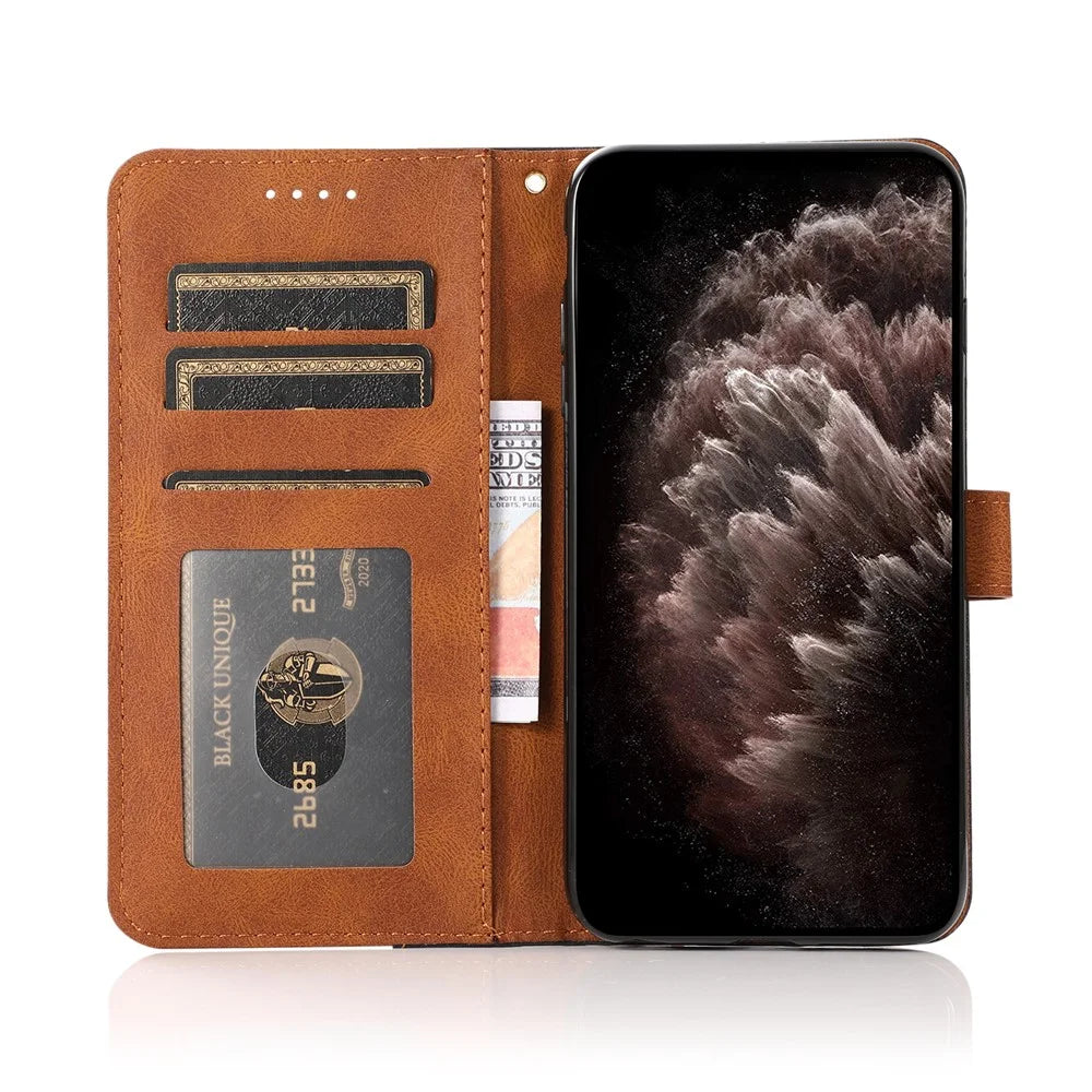Anti-Drop Anti-Scratch Dual Color Wallet Stand Design Leather Phone Case with Handy Strap for iPhone SE (2022)/SE (2020)/8/7/6 - Black/Brown - 5