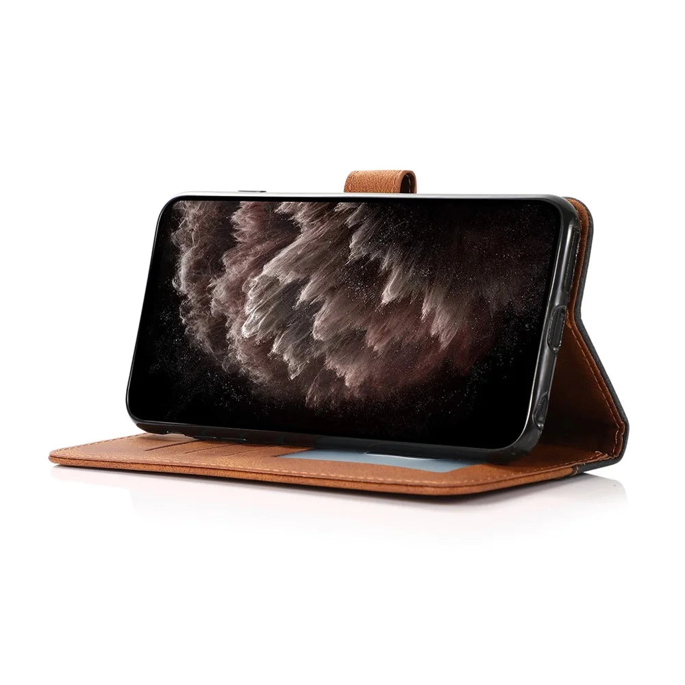 Anti-Drop Anti-Scratch Dual Color Wallet Stand Design Leather Phone Case with Handy Strap for iPhone SE (2022)/SE (2020)/8/7/6 - Black/Brown - 6