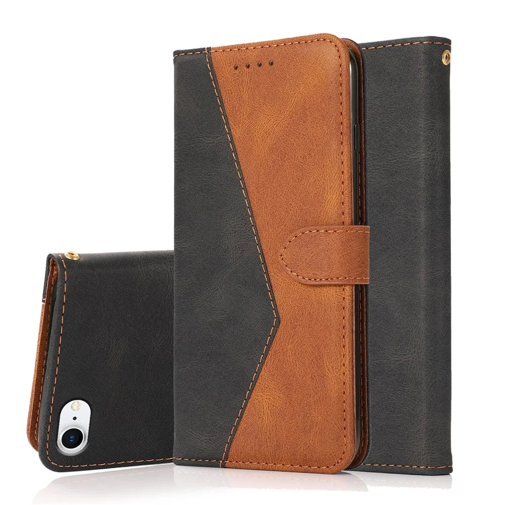 Anti-Drop Anti-Scratch Dual Color Wallet Stand Design Leather Phone Case with Handy Strap for iPhone SE (2022)/SE (2020)/8/7/6 - Black/Brown - 7