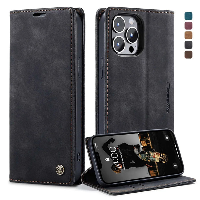 CASEME 013 Series Wallet Stand All-round Protection PU Leather Shell Case for iPhone 13 Pro Max 6.7 inch - Black - 1