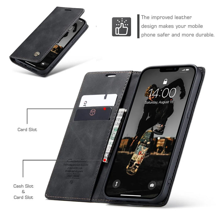 CASEME 013 Series Wallet Stand All-round Protection PU Leather Shell Case for iPhone 13 Pro Max 6.7 inch - Black - 5