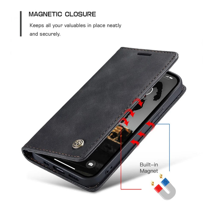 CASEME 013 Series Shockproof PU Leather Wallet Shell Case with Stand for iPhone 13 Pro 6.1 inch - Black - 6
