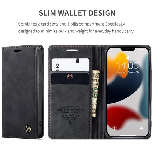 CASEME 013 Series For iPhone 13 mini Magnetic Auto-Absorbed Wallet Stand Leather Phone Case - Black - 2