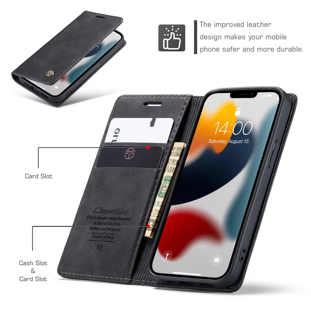 CASEME 013 Series For iPhone 13 mini Magnetic Auto-Absorbed Wallet Stand Leather Phone Case - Black - 3