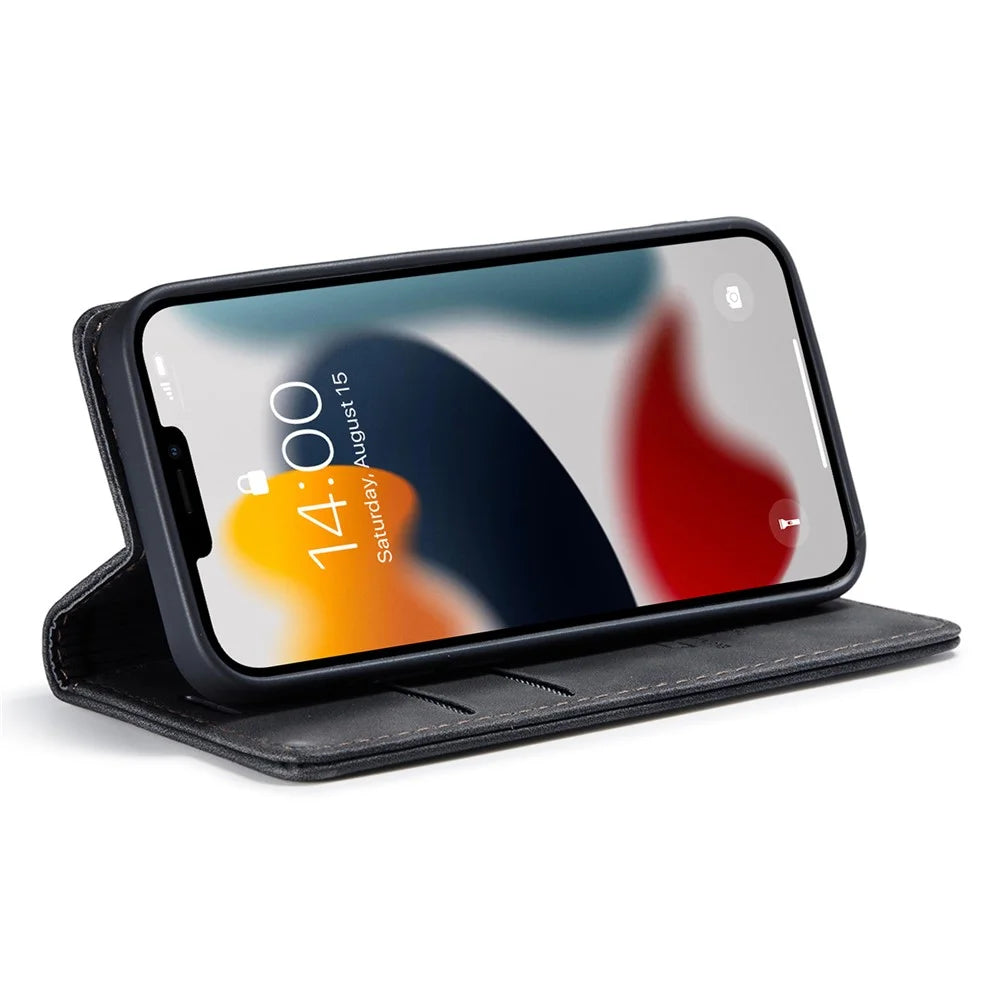 CASEME 013 Series For iPhone 13 mini Magnetic Auto-Absorbed Wallet Stand Leather Phone Case - Black - 4