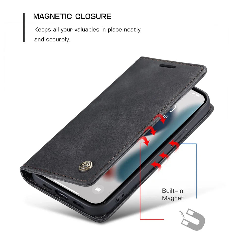 CASEME 013 Series For iPhone 13 mini Magnetic Auto-Absorbed Wallet Stand Leather Phone Case - Black - 7