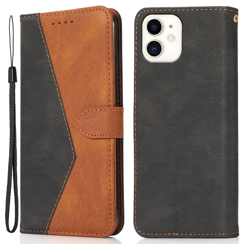 Dual Color Splicing Anti-Drop Wallet Stand Design Leather Phone Cover with Wrist Strap for iPhone 11 6.1 inch - Black/Brown - 1