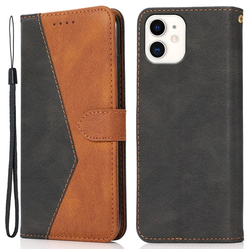 Dual Color Splicing Anti-Drop Wallet Stand Design Leather Phone Cover with Wrist Strap for iPhone 11 6.1 inch - Black/Brown - 1