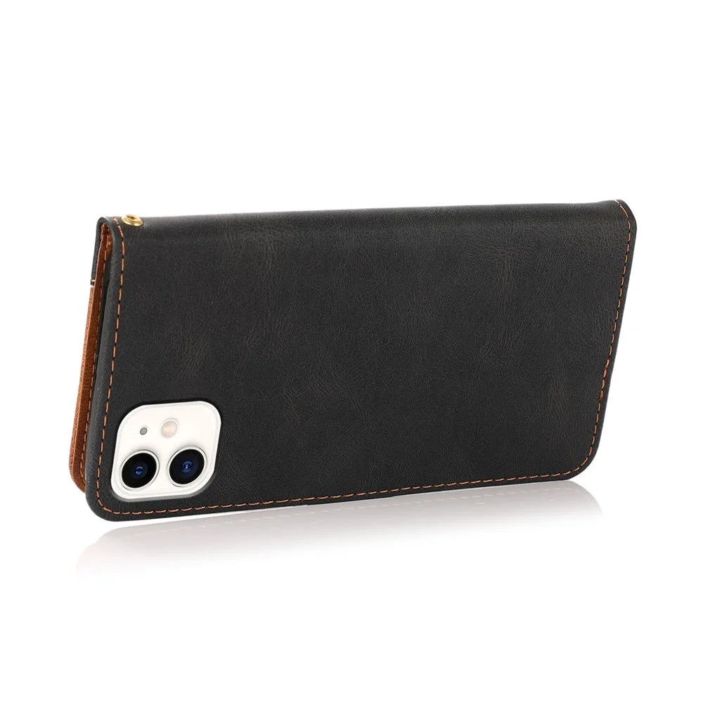 Dual Color Splicing Anti-Drop Wallet Stand Design Leather Phone Cover with Wrist Strap for iPhone 11 6.1 inch - Black/Brown - 6