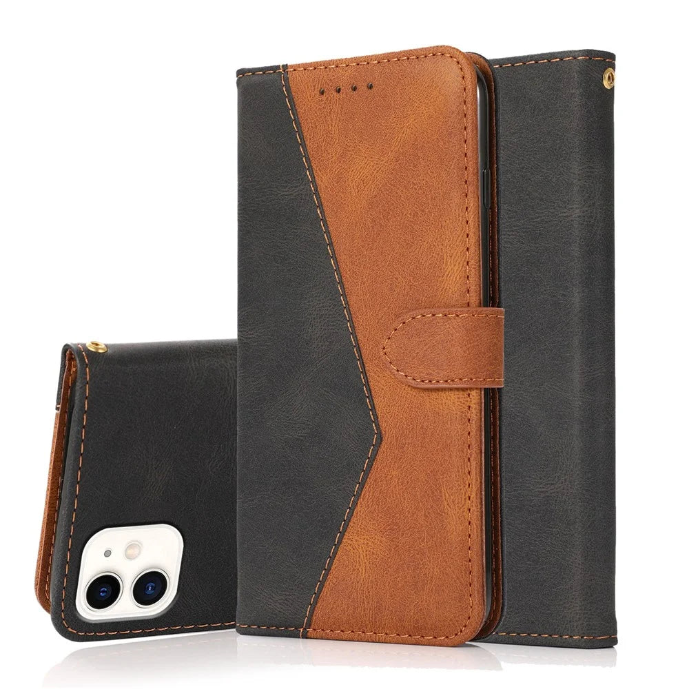 Dual Color Splicing Anti-Drop Wallet Stand Design Leather Phone Cover with Wrist Strap for iPhone 11 6.1 inch - Black/Brown - 7