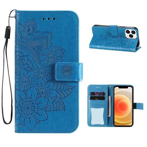 HAT PRINCE PU Leather Imprinting Flower Leather Phone Cover Wallet Case for iPhone 13 Pro 6.1 inch - Blue - 1