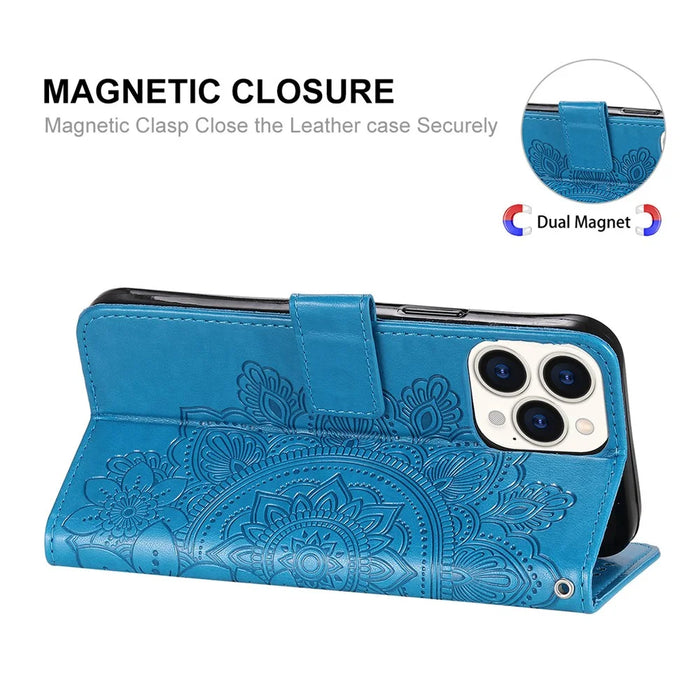 HAT PRINCE PU Leather Imprinting Flower Leather Phone Cover Wallet Case for iPhone 13 Pro 6.1 inch - Blue - 2