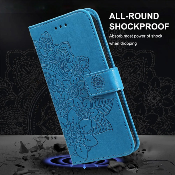 HAT PRINCE PU Leather Imprinting Flower Leather Phone Cover Wallet Case for iPhone 13 Pro 6.1 inch - Blue - 5