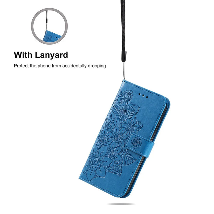 HAT PRINCE PU Leather Imprinting Flower Leather Phone Cover Wallet Case for iPhone 13 Pro 6.1 inch - Blue - 6