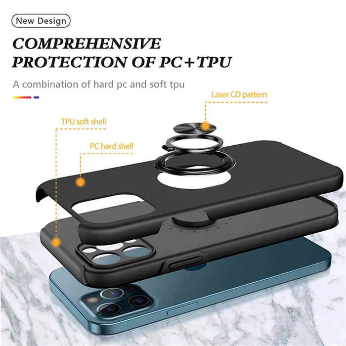 Ring Kickstand Anti-Drop Hard PC Back and Soft TPU Edge Shockproof Protective Case for iPhone 13 Pro 6.1 inch - Black - 4