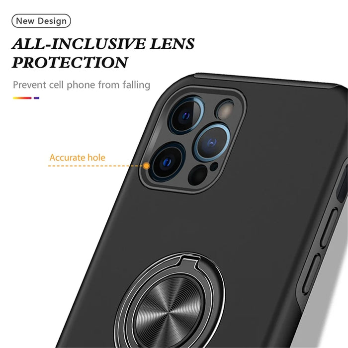Ring Kickstand Anti-Drop Hard PC Back and Soft TPU Edge Shockproof Protective Case for iPhone 13 Pro 6.1 inch - Black - 6