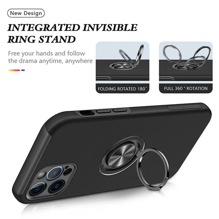 Ring Kickstand Anti-Drop Hard PC Back and Soft TPU Edge Shockproof Protective Case for iPhone 13 Pro 6.1 inch - Black - 7