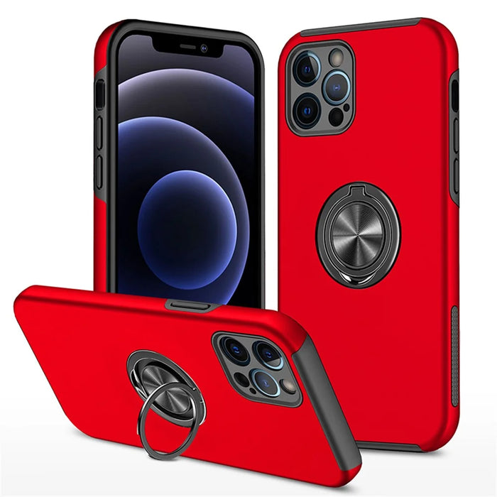 Ring Kickstand Shockproof Hybrid PC Back Soft TPU Frame Protection Phone Case for iPhone 13 Pro Max 6.7 inch - Red - 1