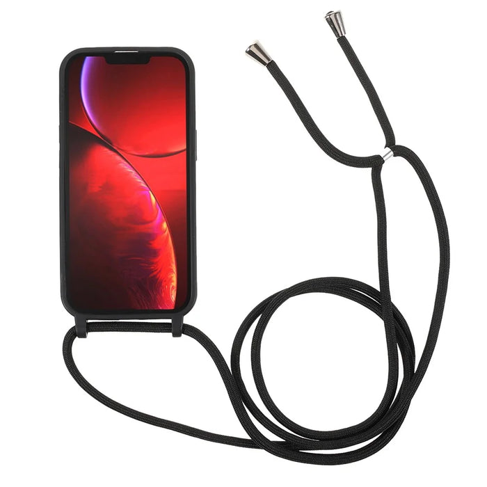 Flexible TPU Mobile Phone Back Case Protector with Adjustable Lanyard for iPhone 13 mini 5.4 inch - Black - 2