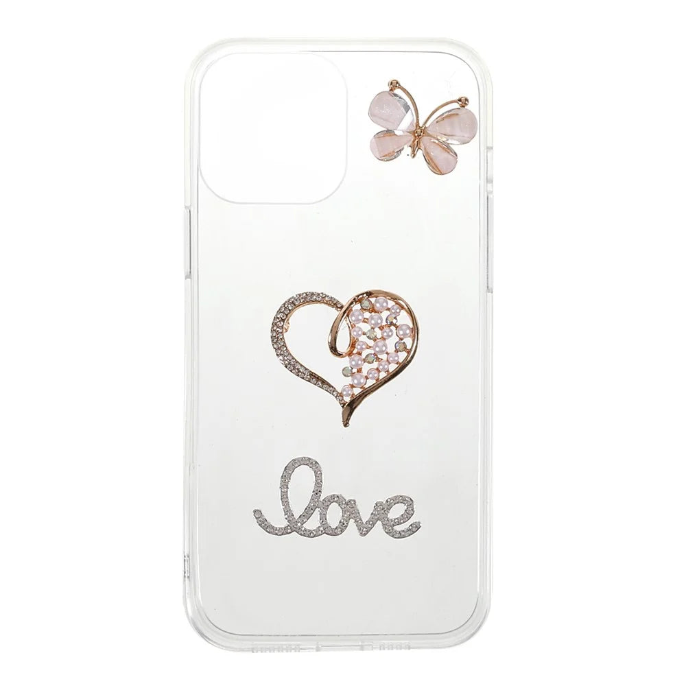 Love Heart Butterfly Shape Sticking Diamond Decor Clear Stylish TPU Phone Shell for iPhone 13 6.1 inch - 1