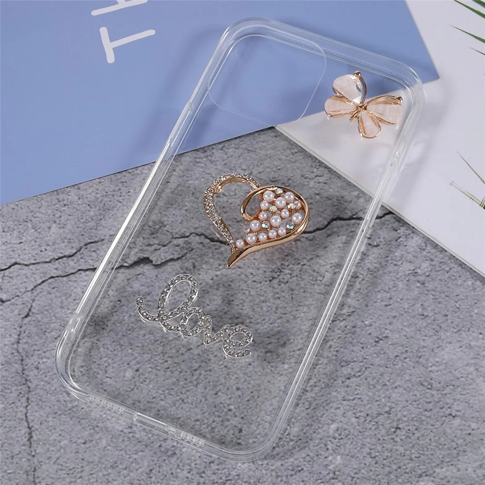Love Heart Butterfly Shape Sticking Diamond Decor Clear Stylish TPU Phone Shell for iPhone 13 6.1 inch - 6