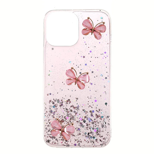 Sparkle Glitter 3D Butterfly Pattern Epoxy Soft TPU Phone Cover Case for iPhone 13 mini 5.4 inch - Pink - 1