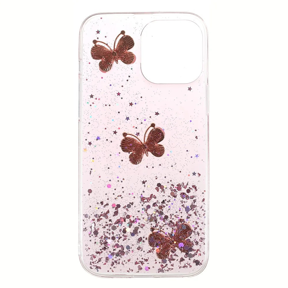Sparkle Glitter 3D Butterfly Pattern Epoxy Soft TPU Phone Cover Case for iPhone 13 mini 5.4 inch - Pink - 2