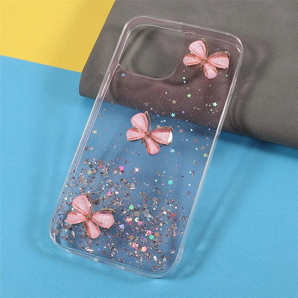 Sparkle Glitter 3D Butterfly Pattern Epoxy Soft TPU Phone Cover Case for iPhone 13 mini 5.4 inch - Pink - 3